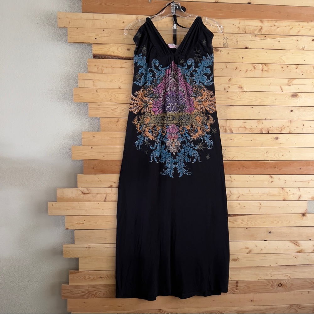 Anama Vintage Women’s Black Multicolor Floral Print Halter Neckline Maxi Dress